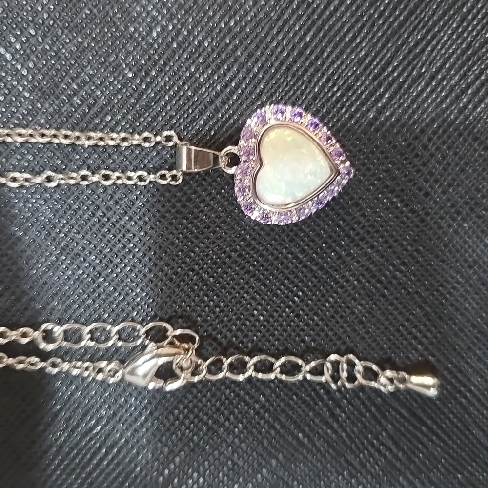 Elegant Heart Pendant Necklace Rainbow Opal and Purple Accents CZ